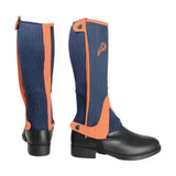 Navy blue and orange ribbed fabric hyland children’s two tone amara half chaps with stitched horse logo on the side