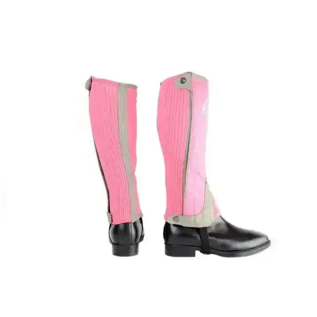 Pink and gray ribbed hyland children’s two tone amara half chaps with zipper closure for equestrian use