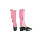 Pink and gray ribbed hyland children’s two tone amara half chaps with zipper closure for equestrian use