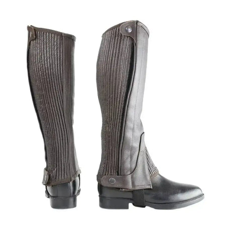 Dark brown hyland leather half chaps with ribbed texture and zipper closure for a close contact fit and everyday comfort