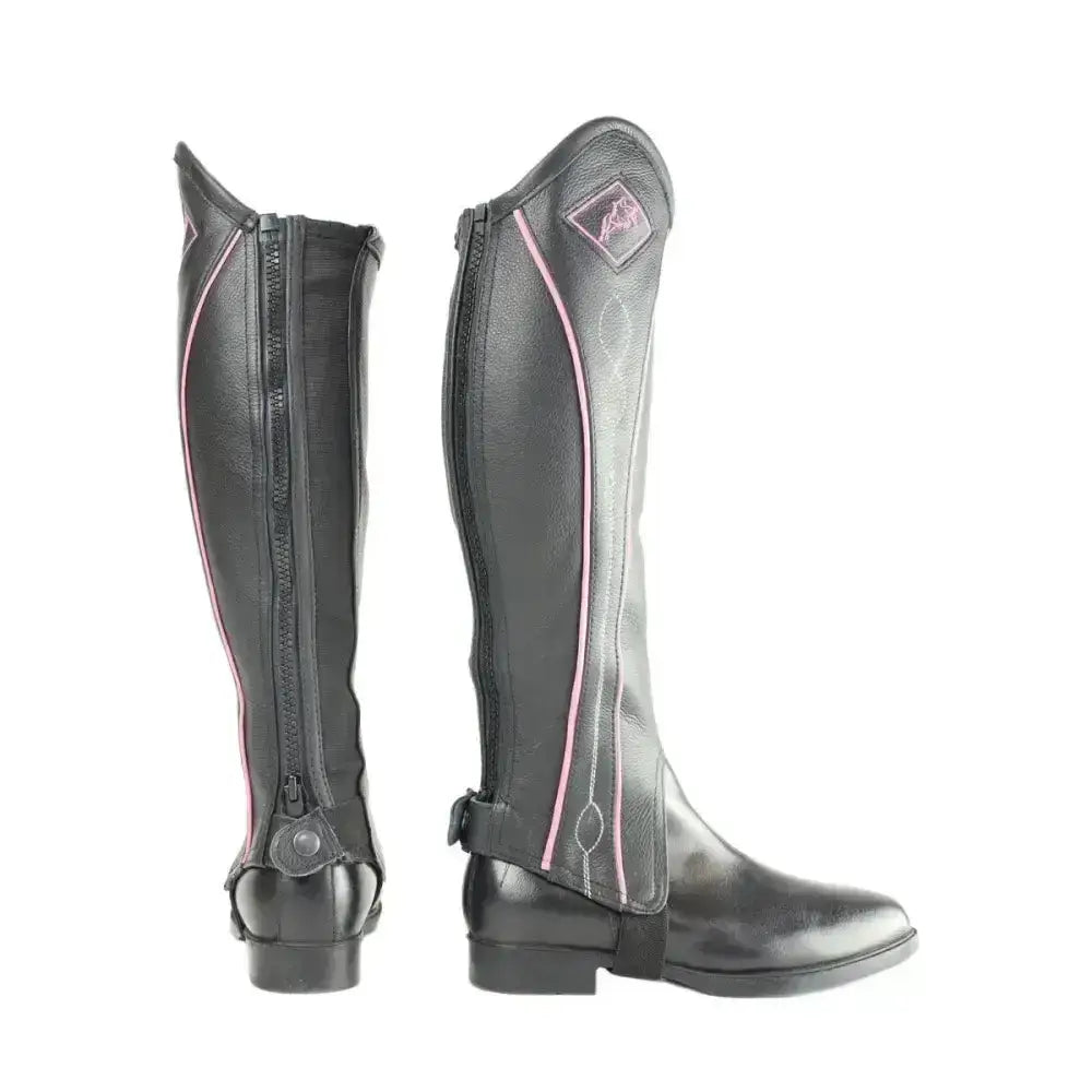 Black leather hyland two tone leather gaiters with pink stitching and diamond logo on the side