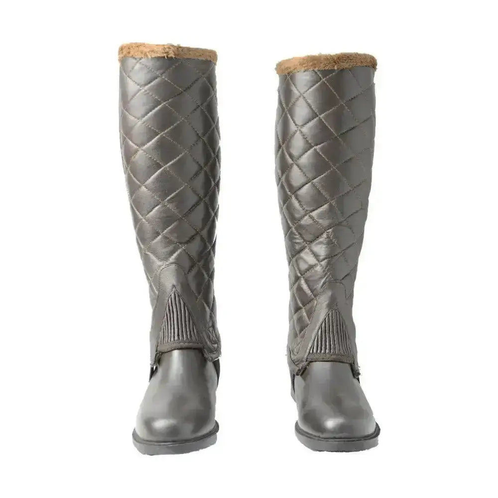 Gray hyland winter quilted knee-high half chaps with brown shearling lining and ribbed sides for nippy winter rides