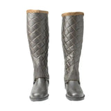 Gray hyland winter quilted knee-high half chaps with brown shearling lining and ribbed sides for nippy winter rides
