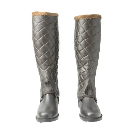 Gray hyland winter quilted knee-high half chaps with brown shearling lining and ribbed sides for nippy winter rides