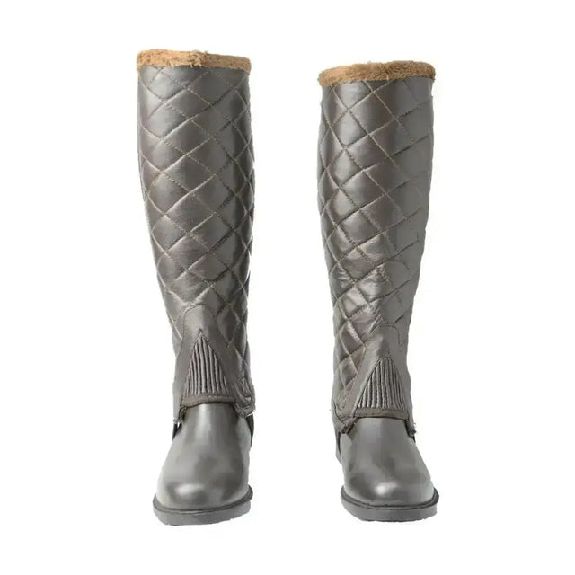 Gray hyland winter quilted knee-high half chaps with brown shearling lining and ribbed sides for nippy winter rides