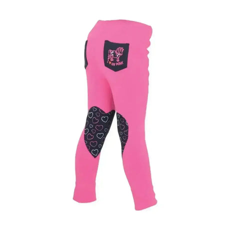 Bright pink hyperformance heart tots jodhpurs with black heart knee patches and a my little pony pocket design