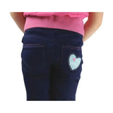 Dark blue denim riding skins from pony collection denim with a mint green heart patch and pink embroidery simply stunning