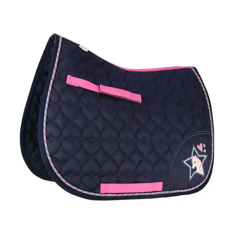 Navy blue quilted saddle pad with pink heart shape quilting and star unicorn from i love my pony collection saddle