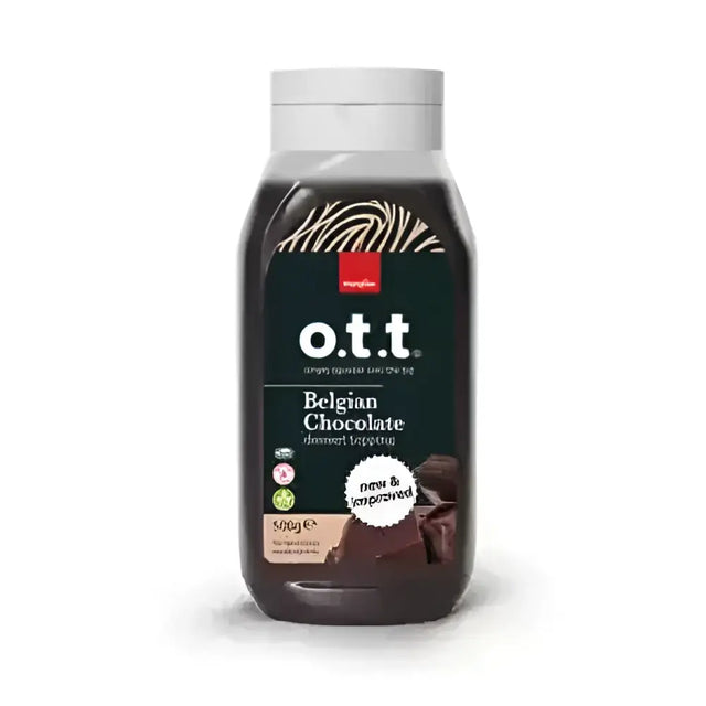 A dark brown glossy plastic bottle of ott’s belgian chocolate syrup with zebra label for ice cream toppings