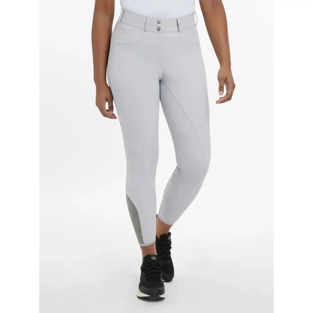 Light grey imogen knee grip breeches with sleek fit and subtle side panel accents perfect for riding in grip breeches light style