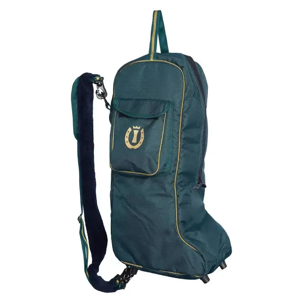 Dark green imperial riding boots bag irhclassic with gold-trimmed stitching and horseshoe crown logo