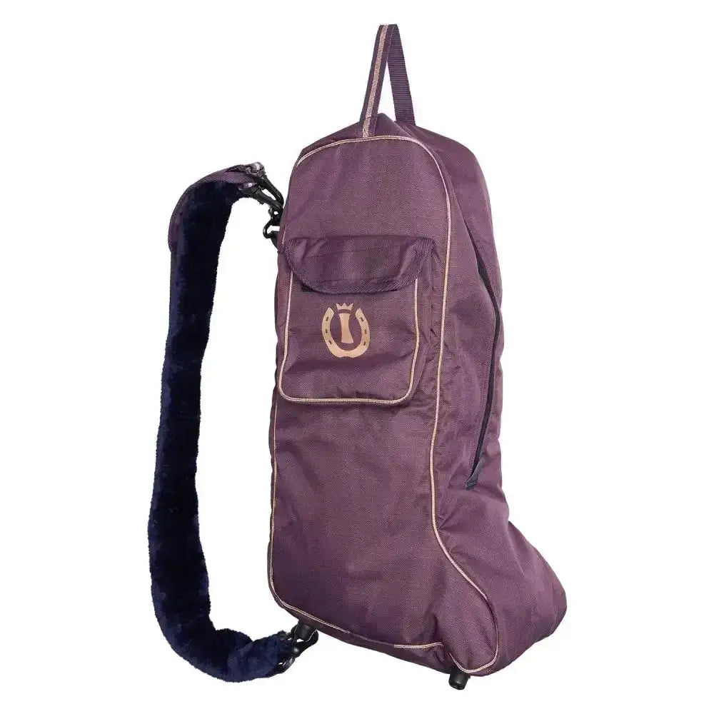 Purple imperial riding boots bag with plush navy strap and gold horseshoe logo ideal for riding boots bag irhclassic