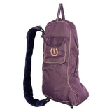 Purple imperial riding boots bag with plush navy strap and gold horseshoe logo ideal for riding boots bag irhclassic