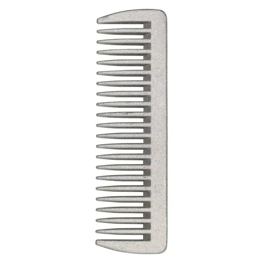 Silver metallic imperial riding comb iron with evenly spaced curved teeth and smooth rounded handle for mane and tail