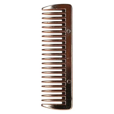 A sleek metallic bronze imperial riding comb made of iron with evenly spaced teeth for mane and tail grooming