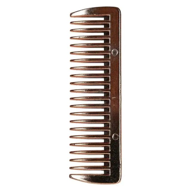 A sleek metallic bronze imperial riding comb made of iron with evenly spaced teeth for mane and tail grooming