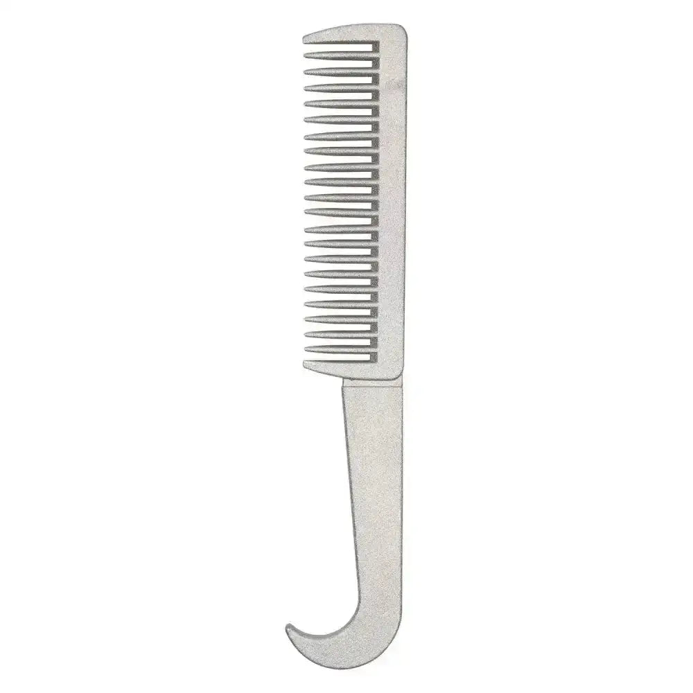 Imperial riding comb iron mane comb in silver metal with curved handle and evenly spaced teeth for mane and tail care