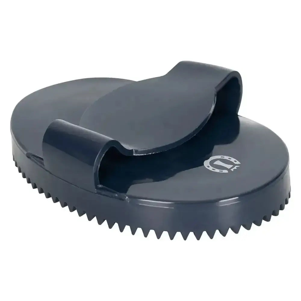 Black plastic imperial riding curry comb soft with curved handle and serrated edge for grooming horses