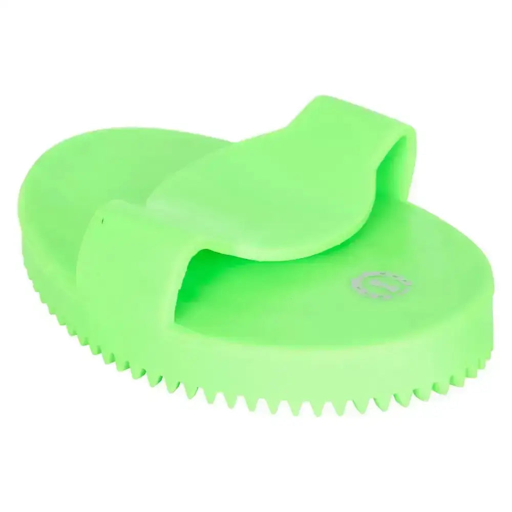 Bright green silicone imperial riding curry comb soft with textured serrated edge and ergonomic handle for grooming