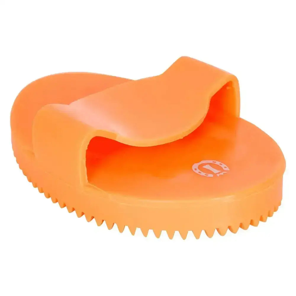 Bright orange imperial riding curry comb soft with ergonomic handle and serrated edge for gentle horse grooming