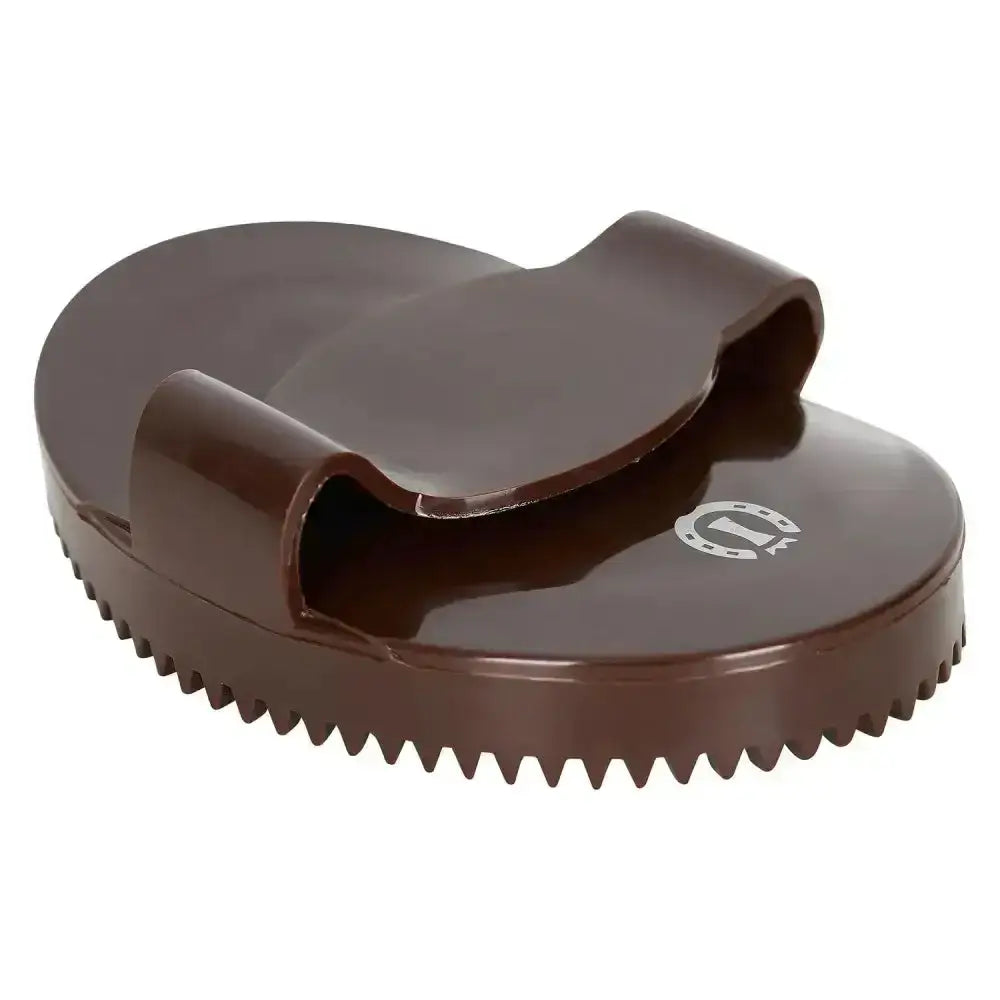 Brown plastic imperial riding curry comb soft with ridged edge and integrated handle for easy hoof cleaning
