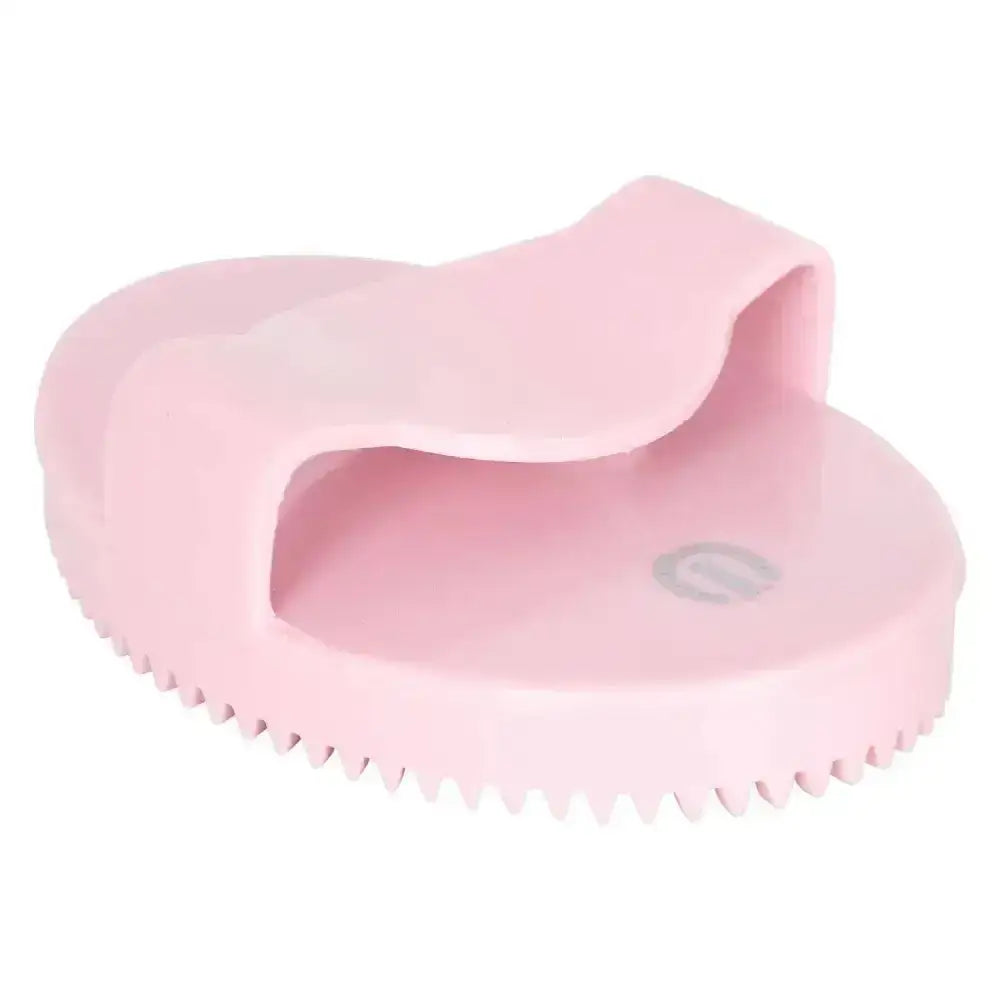 Pink silicone imperial riding curry comb soft with rounded handle and serrated edge for gentle pet grooming