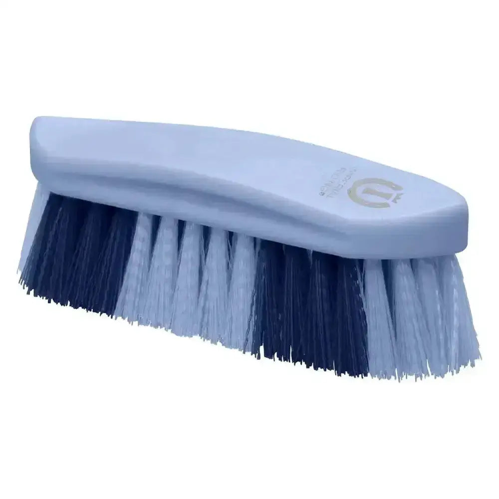 Light blue plastic imperial riding dandy brush with hard two-tone dark and light bristles for grooming horses