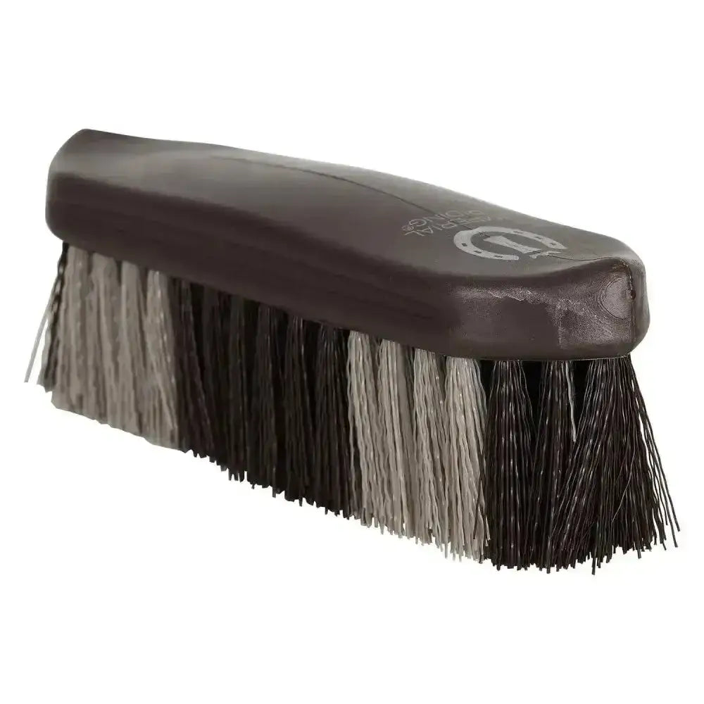 Dark brown leather-handled imperial riding dandy brush with hard two-tone black and gray bristles for grooming horses