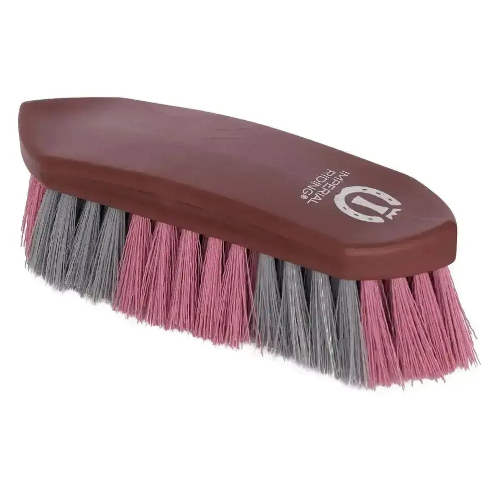 Brown wooden imperial riding dandy brush hard two-tone with pink and gray bristles and imperial riding logo