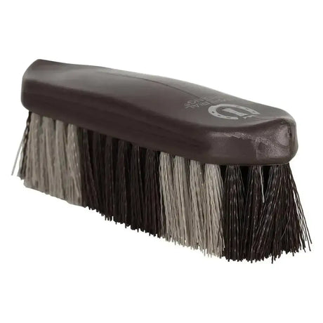 Dark brown leather-handled imperial riding dandy brush with black and gray bristles hard two-tone dandy for grooming