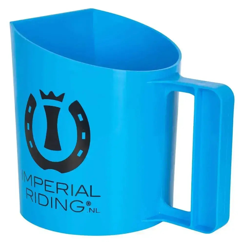 Bright blue imperial riding feeding scoop with black horseshoe and crown logo ideal for feed scoop measuring