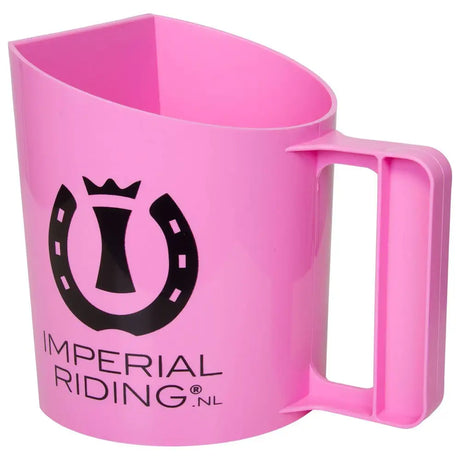 Pink plastic imperial riding feeding scoop with black horseshoe and crown logo for accurate feed measuring