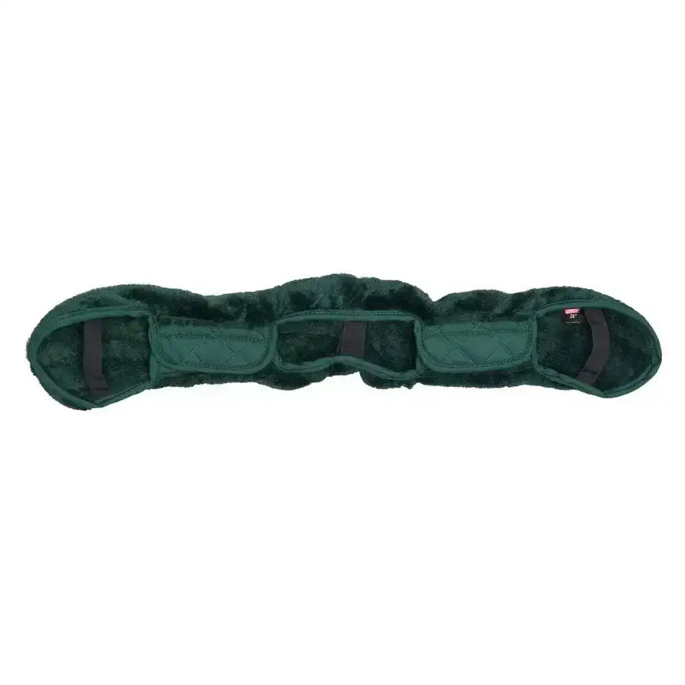 Dark green plush fur girth cover fur with three padded sections and black straps for imperial riding girth star forest green