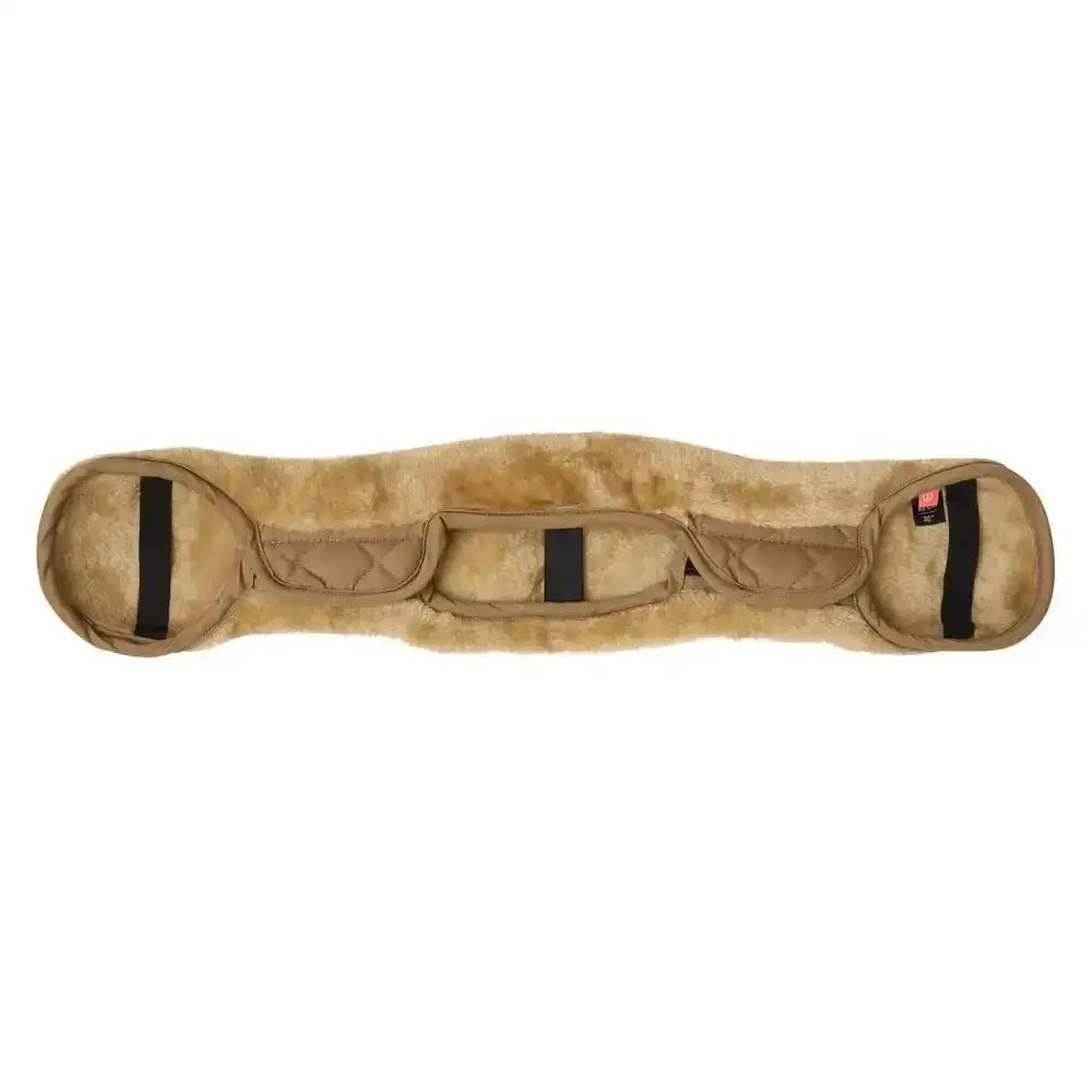 Tan faux fur imperial riding girth cover fur star taupe with black elastic straps and stitched compartments