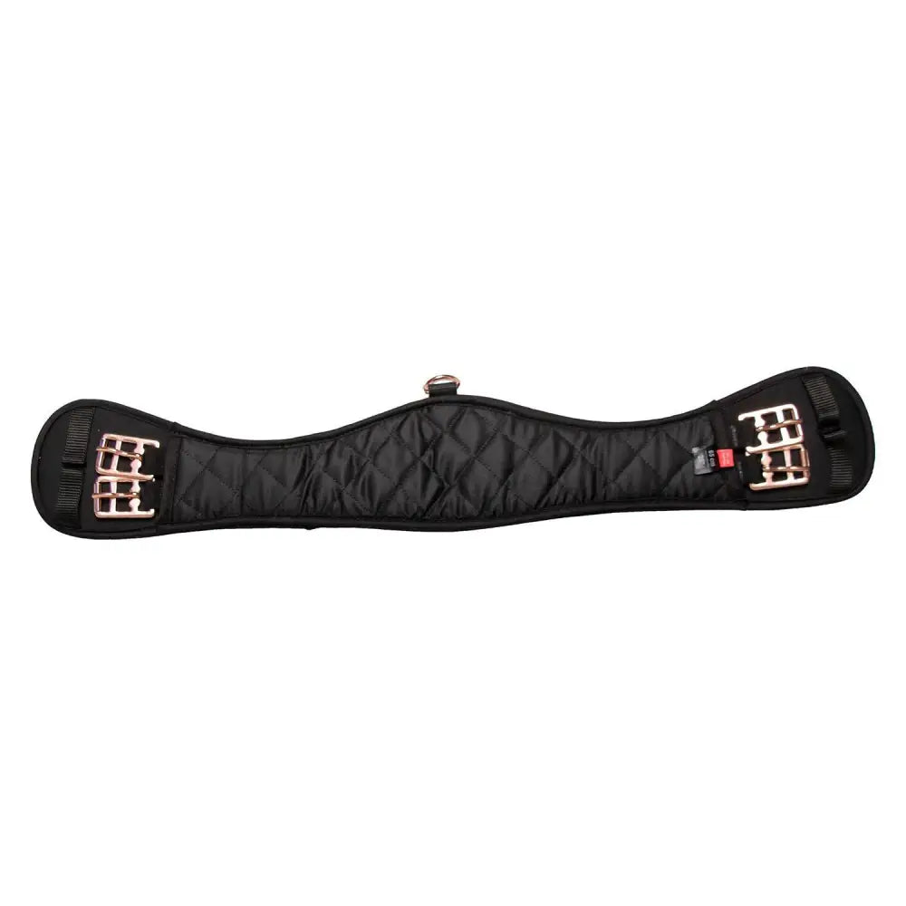 Black quilted imperial riding girth with rose gold buckles and central d-ring for irhgo star webbed dressage girth