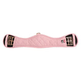 Pink quilted imperial riding girth with black reinforced sections and silver buckles ideal for webbed dressage girth use
