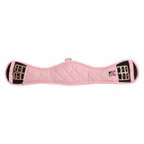 Pink quilted imperial riding girth with black reinforced sections and gold metal buckles for dressage use