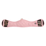 Pink quilted imperial riding girth with black reinforced sections and silver metal buckles for dressage use