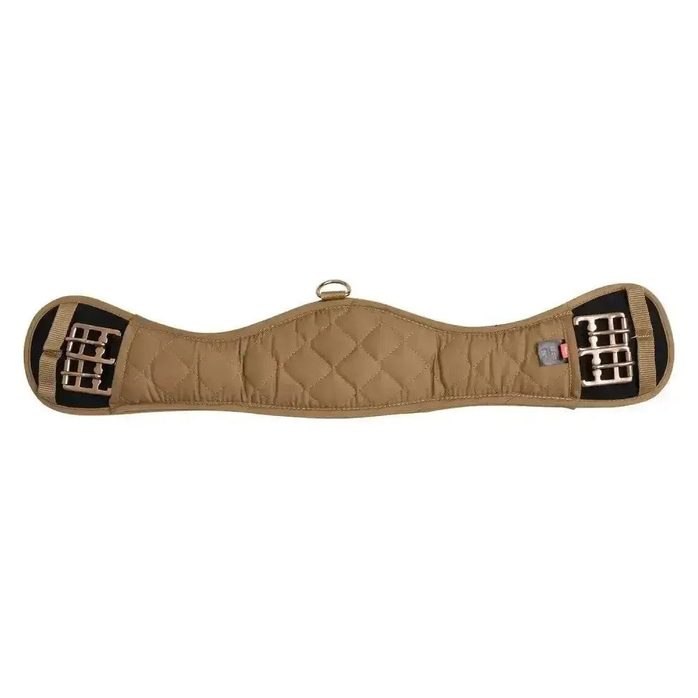Tan quilted horse saddle pad with black reinforced panels and silver buckles paired with imperial riding girth irhgo star taupe