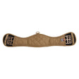 Tan quilted imperial riding girth with black reinforced metal buckles and central d-ring for webbed dressage girth use
