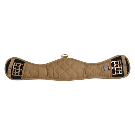 Tan quilted imperial riding girth with black reinforced metal buckles and central d-ring for webbed dressage girth use