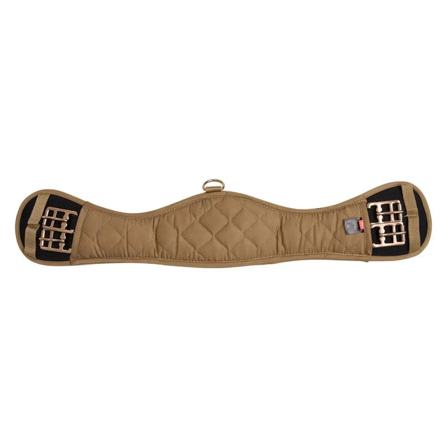 Tan quilted imperial riding girth with black reinforced metal buckles and central d-ring for webbed dressage girth use