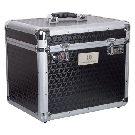 Black textured imperial riding grooming box irhshiny with silver aluminum trim and latches perfect beauty case