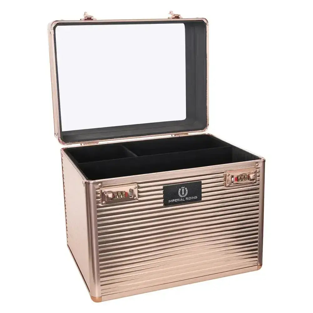 Imperial riding grooming box irhshiny classic rose gold ribbed aluminum case with black interior and dual combo locks