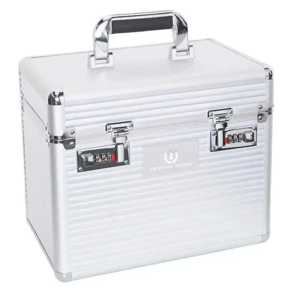 Silver aluminum imperial riding grooming box irhshiny classic with ribbed texture chrome handle and two combination locks