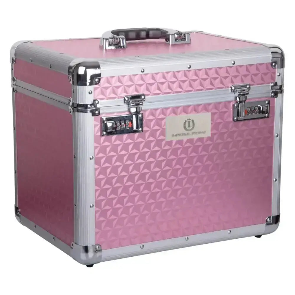 Pink metallic imperial riding grooming box irhshiny with geometric pattern silver aluminum trim perfect beauty case