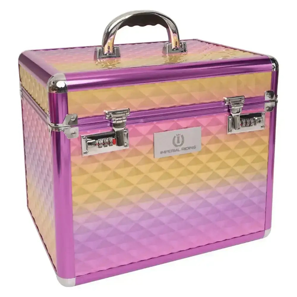 A vibrant pink and gold imperial riding grooming box irhshiny with diamond texture and silver metal frame perfect beauty case