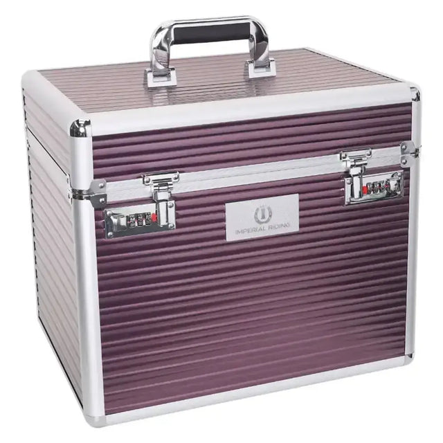 Purple ribbed aluminum imperial riding grooming box shiny classic medium with silver handle and combination locks