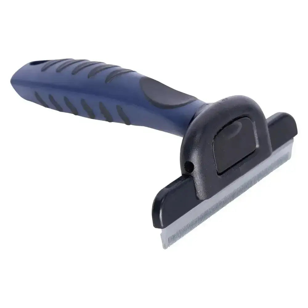 Blue and black imperial riding grooming brush irh hairmaster with textured grip handle and metal teeth for pets