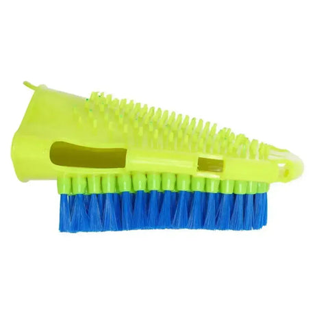 Imperial riding grooming glove with bright lime green plastic handle blue bristles and textured grip for easy use